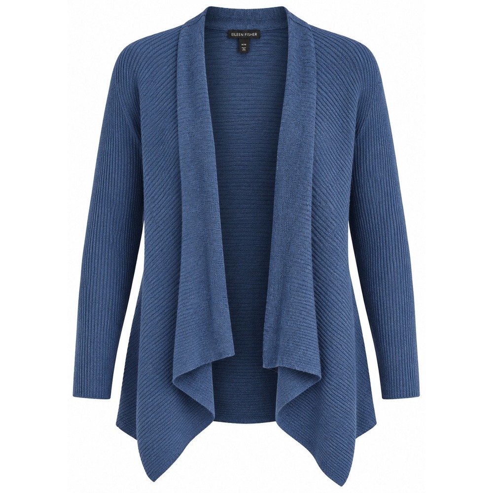Eileen Fisher Woman 3X Blue 100% Wool Ribbed Draped Open Front Cardigan Sweater